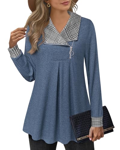 VALOLIA Women's Casual Swing Sweatshirt Long Sleeve Zipper Lapel Fashion Pullover Tunic