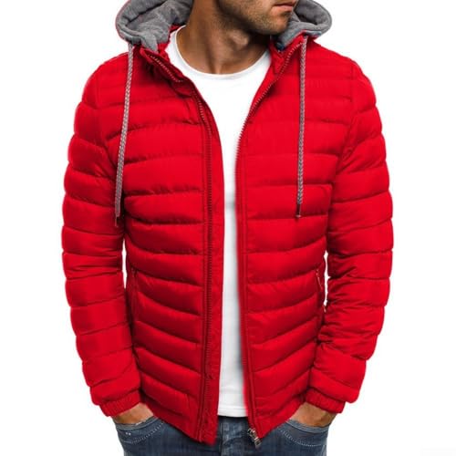 Chaqueta acolchada para hombre con capucha y cremallera, abrigo grueso y cálido, color sólido, manga larga, poliéster para otoño, ajuste regular, varios colores (L rojo)