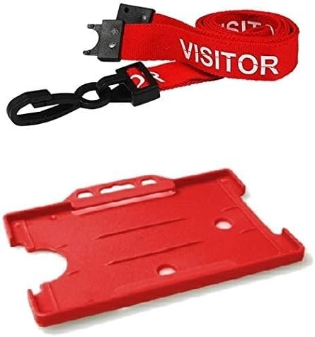 Identity-Plus: Red Pre-Printed Visitor Lanyard (Plastic J Clip, Safety Breakaway Point) with Red Landscape ID Card Holder (10)