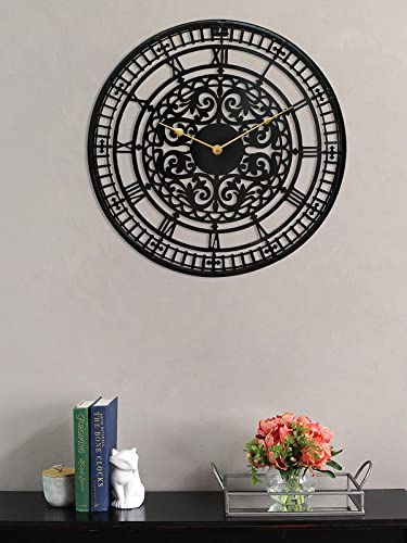 Image of CHRONIKLE Decorative Round Analog Wrought Iron Golden Color Needle Roman Numbers Wall Clock for Living Room Home Decor Office Gifts (Size: 54 x 1 x 54 CM | Weight: 1380 Gram | Color: Black)