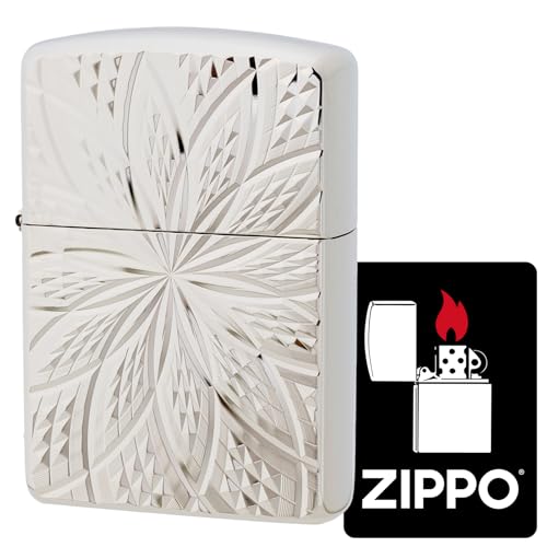 KAJIKAWA(カジカワ) Zippo ジッポ ライター 防風 真鍮製 アーマーzippo ダイヤモンドカット ホワイトニッケルメッキ 両面加工 特製ステッカー付き ホワイト D/C BLOOM II (C)