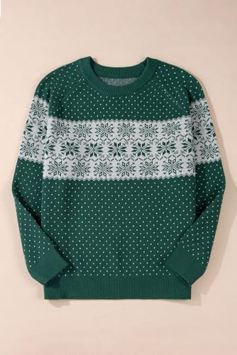 Women's Green Christmas Snowflake Dotted Print Round Neck Sweater - Cozy & Chic4