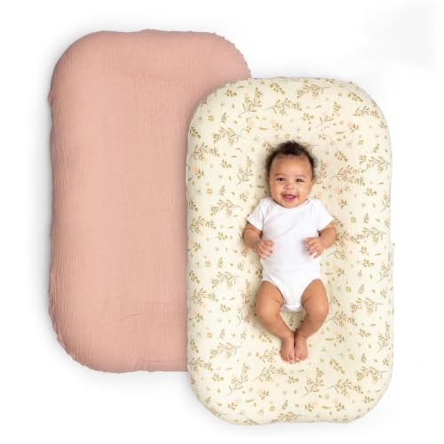 100% Muslin Cotton Baby Lounger Cover, Fits Most Infant Lounger-Pink Garden