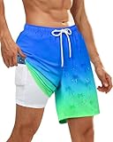 Resiprolty Color Changing Swim Shorts Mens Swim Trunks with Compression Liner Quick Dry Bathing Suits 7 Inch Inseam Men's Board Swimsuit Swimwear Blue Green