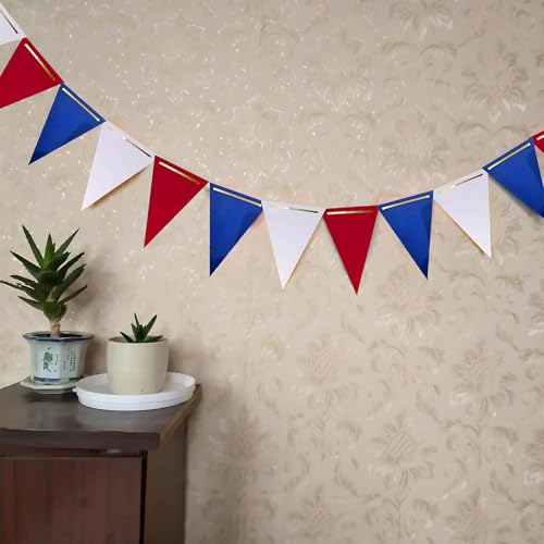 Image of Red White and Blue Pennant Banner 3 Pack Paper Triangle Flag Hanging Decoration for Wedding Birthday Baby Shower Halloween Family Party（36pcs Triangle Flag）