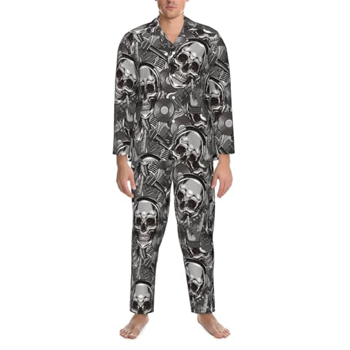 Retro Electric Guitar Skulls Rock Music Mens Pajamas Set Button Down Sleepwear Set Long Sleeve Loungewear With Pockets