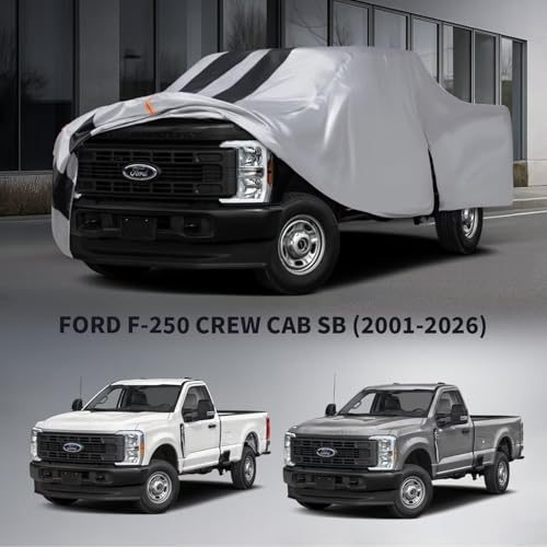 Image of Ford F250 Truck Cover Custom Fit 2001-2026 Crew Cab Short Bed(6.8') with Door Zipper, 10 Layers Outdoor Heavy Pickup Truck Cover Waterproof All Weather, Wind Dust Sun Protector.