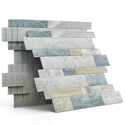 MOFIT Backsplash Tile for Kitchen Peel and Stick Stone Matte Finish,Bathroom Tiles Stickers 3D Wall Panel Linear Mosaic Marble Backsplash Waterproof(10sheets,Blue Green Gray)