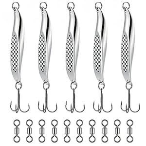 Dr.fish Lot de 5 leurres de pêche en mer Dexter Wedge en métal avec 10 émerillons pour bar, morue, maquereau, argent, 21…