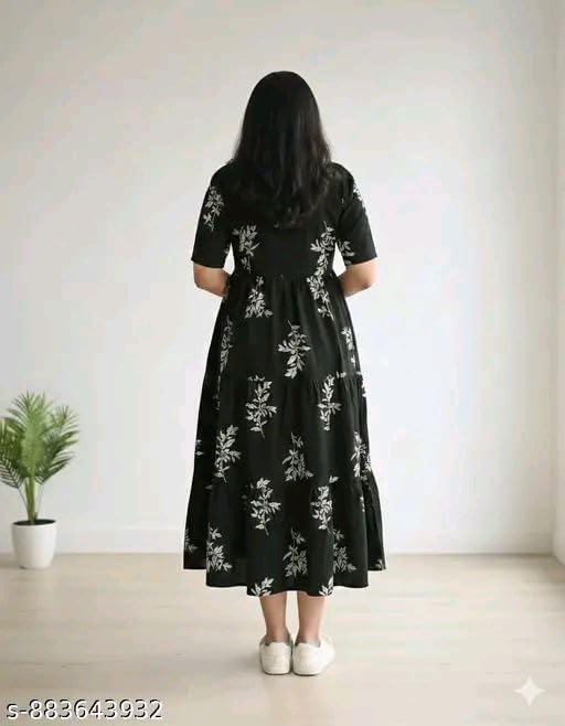 Image of Women's Rayon A-Line Midi Dress, Floral Print, Short Sleeves, Tiered Design, Round Neck, Summer Wear