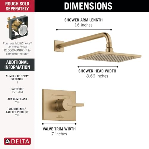 Delta Vero 14 Series Rain Shower Faucet Set, Brushed Gold Shower Head and Handle Set, Valve Trim Kit, Champagne Bronze T14253-CZ-WE (Valve Not Included) - image 3