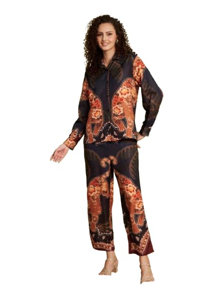 Women's Floral Printed Shirt & Wide Leg Pants Co-Ord Set | Black Long Sleeve Button Down Two Piece Outfit | Casual, Office, Travel & Vacation Wear-Size XXL-picture-35