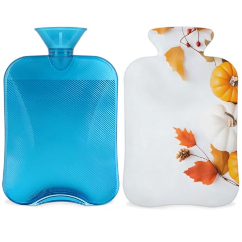 Hot Water Bottle with Soft Cover,2L Maple Leaf Hot Water Bag for Hot and Cold Compress, Hand Feet Warmer, Abstract Pumpkin Rubber Hot or Cold Water Bottle Halloween Christmas Decorations