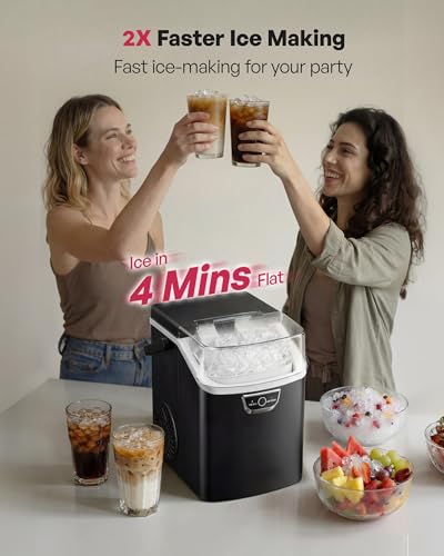 Image of EUHOMY Nugget Ice Maker Countertop with Handle, Max 40lbs Daily Sonic Ice | Ice in 4 Mins, Self-Cleaning, Portable Pebble Ice Maker with Basket and Scoop, for Home /Party /RV /Camping, Black