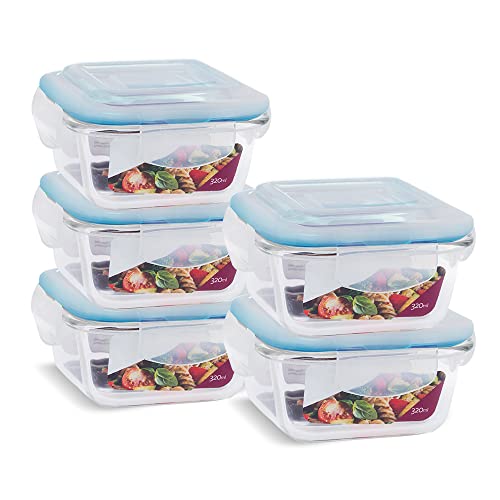 Kit 5 Potes Vidro Hermético Quadrado Trava 320ml Marmita (Azul)