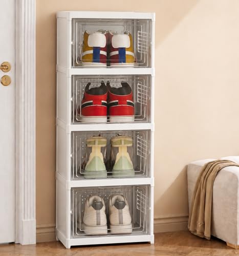 Image of JD FRESH 4 Tier Plastic Shoe Storage Organizer /Foldable Shoe Storage Box with Door /Breathable Multi-Layer Shoe Holder /Space Saving and Installation Free Shoe Storage Rack for Heels, Boots & Sneakers
