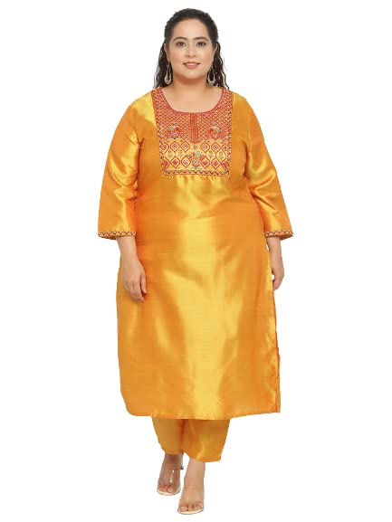 Image of Sringam Mustard Solid Plus Size Embroidered Kurta with Trouser /Bottom