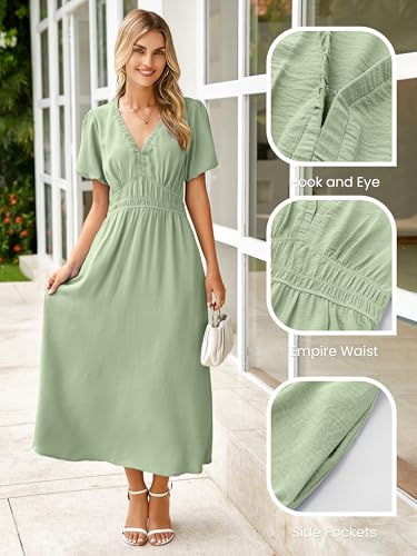 Image of Simplee Women's Summer Flowy Midi Dress Casual V Neck Short Sleeve Empire Waist Boho Beach Dress Wedding Guest Maxi Dress