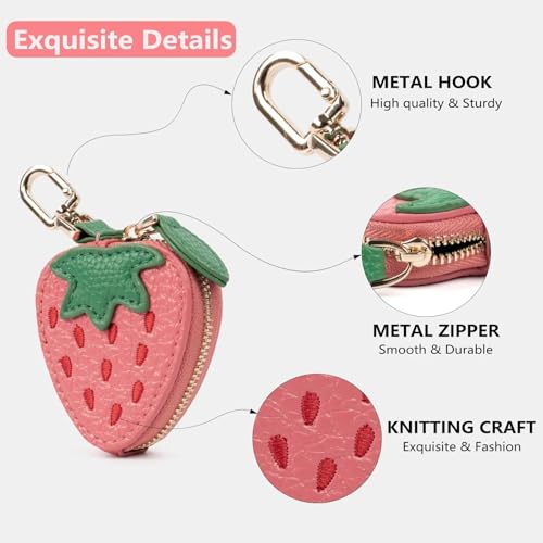 Cute Fruit Coin Purse Bag Charm,Mini Leather Coin Change Purse & Pouch Holder Keychain Charm for Handbag Tote Wallet Airtag Accessories,Kawaii Fruit Bag Charms for Girl Women Pink Strawberry2