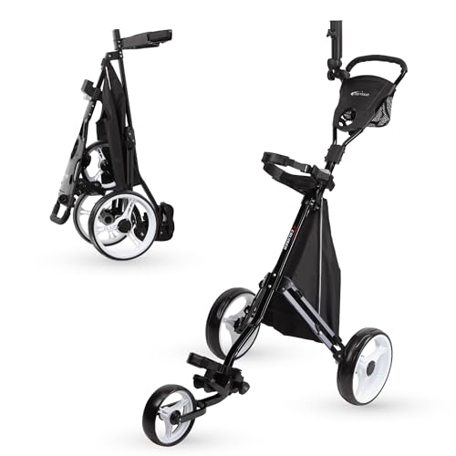 PRECISE Cruiser 3-Wheel Golf Push Cart with Stabilizer Rods & Foot Brake – Lightweight Folding Golf Trolley with Ergonomic Handle, Detachable Storage Bag & Scorecard Holder - Black/White