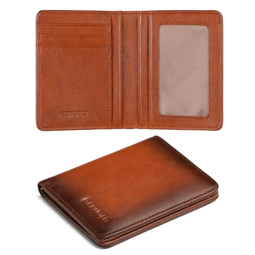 Bifold Slim Men Wallet Genuine Leather Thin, Small Vertical RFID Blocking Wallets for Men ，Compact & Stylish with Clear ID Windows (Brown)