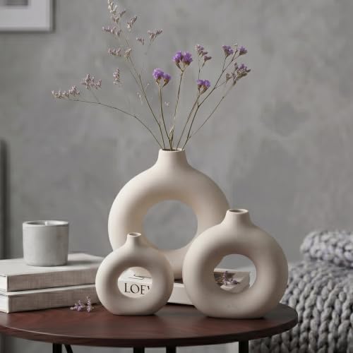 Image of PUREZENTO White Ceramic Donut Vase 4.3, 5.3 & 6.2Inch - Set of 3 | Decorative Donut Vase for Dried Flowers & Pampas Grass | Vases for Modern Home Decor, Living Room, Office Decor