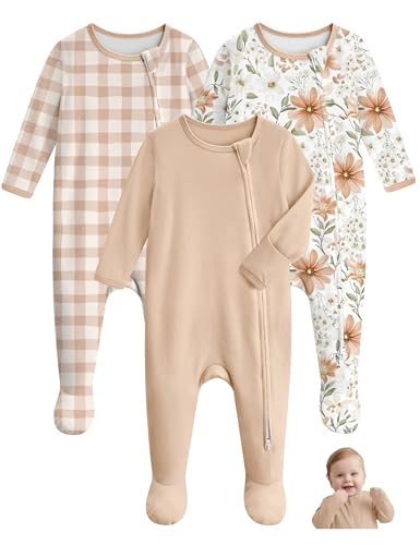 Image of Unnivoll Baby Pajamas 100% Cotton Baby Sleepers for Newborn 0-3 3-6 6-9 Months 3Pcs Footie Pajamas Baby Boys Girls Clothes