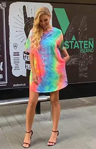 Image of MOUSYA Women Tie Dye Dress Short Sleeve T Shirt Dress Summer Casual Loose Mini Dress with Pockets