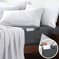 Cathay Home King Double-Sided Organizer Pocket Fitted Smart Sheet - Double Brushed Ultra Soft – Wrinkle & Fade Resistant - 14" Deep Pocket Fitted Sheet Only (King, Grey)