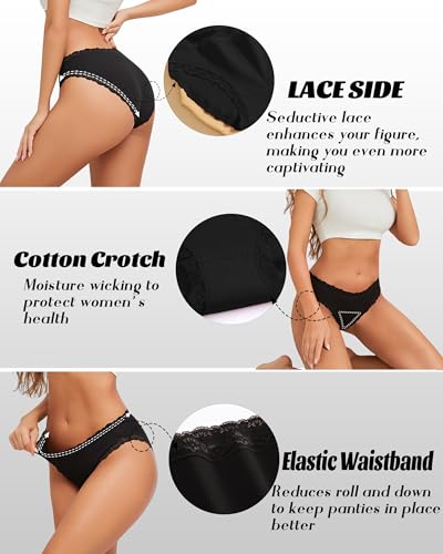Image of FINETOO Cotton Underwear for Women Sexy Cheeky Lace Bikini Panties Soft Breathable Womens Underwear 6 Pack