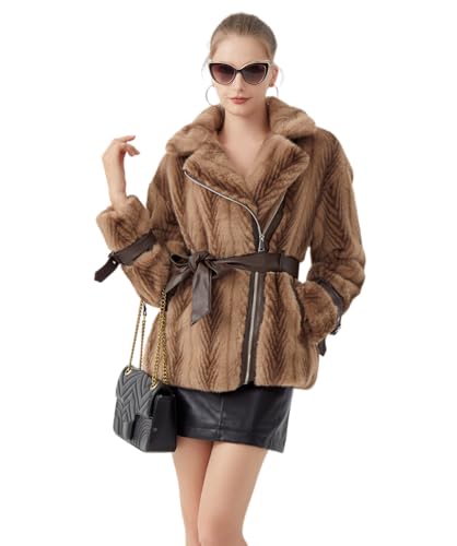 GRAN ORIENTE Womens Winter Faux Fur Coats 2025 Trendy, Turndown Lapel Belted Cuff Furry Zipper Up Warm Jackets Outwear GK137A-Camel-M