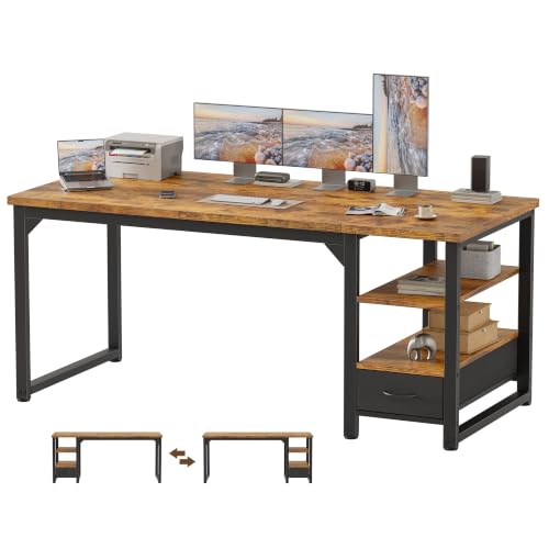 Image of Mericonia 63 in Computer Desk with Drawer, 1 inch Thick Reversible Office Desk | Large Modern Writing Table with Storage Shelves, Heavy Duty Industrial Executive Desk for Home Bedroom Study Work