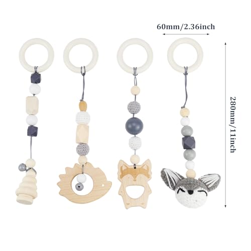 Spielbogen Baby Spielzeug ab 0 Monate 4 Stück Spielebogen Babies Toys Spielbögen Baby Gym Anhänger Holz für Mädchen Jungen Babyspielzeug für Babyschale Kinderwagen Autositz Spielzeug (Grau) – Bild 6