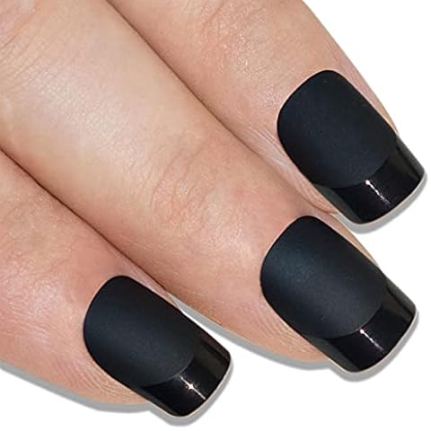 False Nails Bling Art French Fake Matte Gel Glitter Polished Squoval 24 Acrylic Medium Tips Glue (Matte Black) Cover