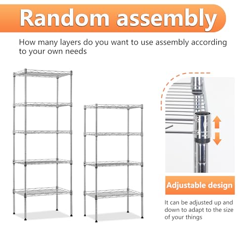 Image of BestOffice | 5-Tier Wire Storage Shelves | 17x12x48 | Chrome | with Adjustable Racks | Heavy-Duty Metal Shelf, Holds Upto 750 lbs | No-Tool Assembly | Ideal for Home & Garage Shelving