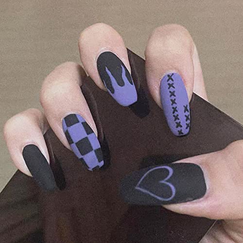Press on Nails Medium,24pcs Fake Nails,Glue on Nails(Frosted multiple patterns)