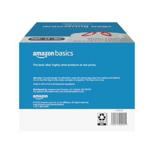 Amazon Basics Trash Bags, Tall Kitchen Drawstring, Unscented, 13 Gallon, 200 Count, Pack of 1 - Image 3