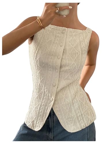 SOLY HUX Women's Button Down Y2k Textured Tank Top Sleeveless Vest Shirt Old Money Clothes