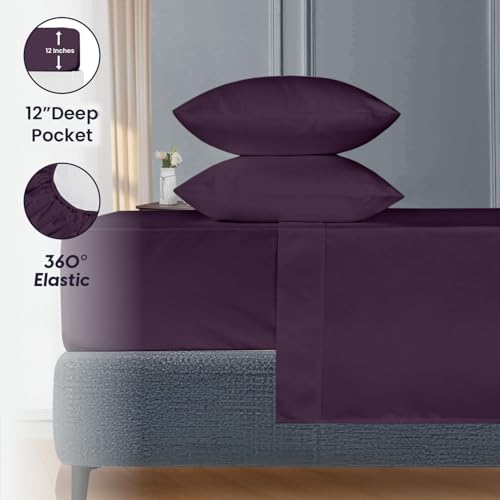 Image of SGI 84 inchx84 inch 4 Pc Emperor /Wyoming King Sheet Set 600 TC 12 inch Deep, Plum