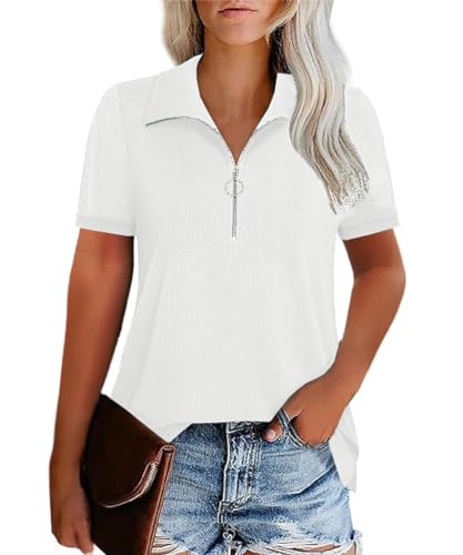 GRMLRPT 2026 Camiseta para Mujer de Manga Corta Mujer Moda Cuello en V Vintage Blusa Suelta Tops Casual PoloT-Shirt Basica Cómoda(A-Blanco,L)