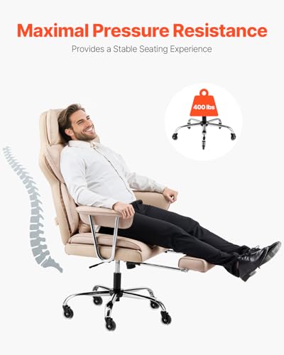 Image of VEVOR Executive Office Chair with Footrest, 400lb Capacity Oversize Office Chair with Lumbar Pillow & Removable Armrests, Heavy Duty Ergonomic Chair, PU Leather Reclining Home Office Desk Chair, Brown