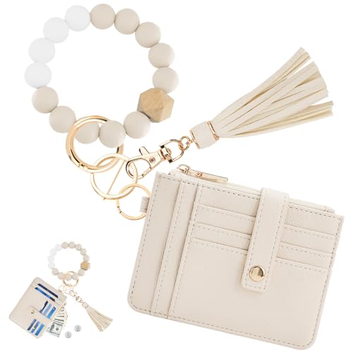 KNGITRYI Wallet Keychain Wristlet for Women,Slim RFID Credit Card Holder Purse Tassel Keychain Bangle Key Ring for Men Women(Beige)