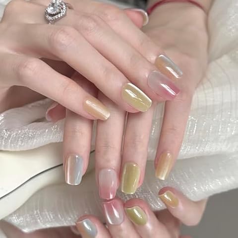 30 Pcs Cat Eye Press on Nails Short Rainbow Press on Nails Christmas Nails Rainbow Nails Colorful Press on Nails Short Fake Nails for Young Girls Cover