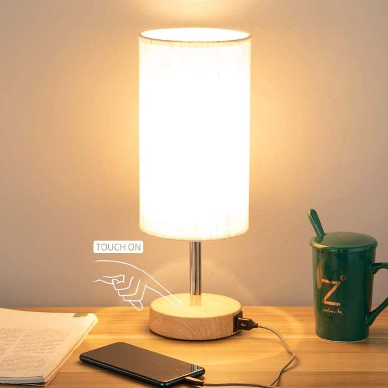 Bedside Lamp with USB Charging Ports, Touch Control 3 Colour Temperatures & Fully Dimmable Table Lamp Minimalist LED E27 Bulbs Included for Reading, Living Room, Children's Room, Office