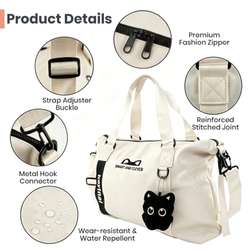 Image of PALAY Travel Bag Beige Waterproof Nylon Duffle Bag for Gym with Cat Charm | Large Capacity, Water-resistant Fabric, Letter Cat Ear Design, Removable Strap, Carry on Tote for Dance, Workout, Travelling