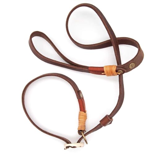 Retrieverleine Leder 20 mm in Braun | Burnt Amber | Moxon-Leine mit außergewöhnlichem Horn-Zugstopp | robuste und edle Hundeleine aus hochwertigem Fettleder mit integrierter Halsung - 230 cm