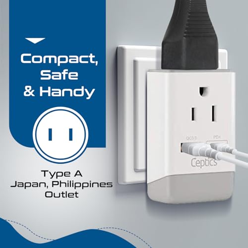 Image of Ceptics Japan, Philippines Power Travel Plug Adapter, QC 3.0 & PD, Safe Dual USB & USB-C - 2 USA Socket Compact & Powerful - USA 3 Pin Polarized to 2 Prong Unpolarized - Type A - AP-6 Fast Charging