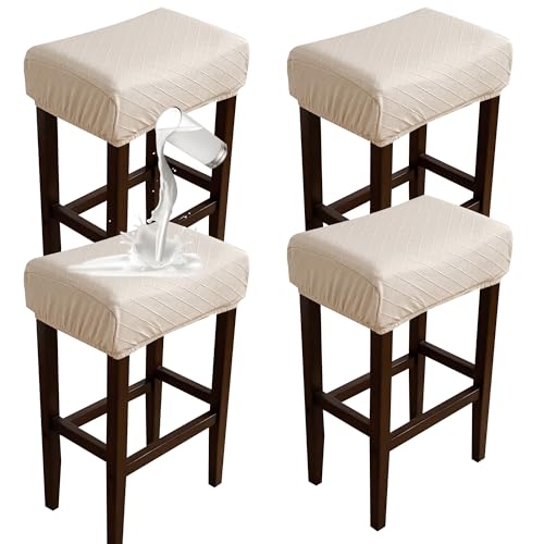 Image of Waterproof Rectangle Bar Stool Covers Set of 4 Stretch Beige Diamond Jacquard Backless Barstool Chair Covers Washable