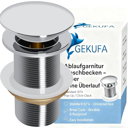 Ablaufgarnitur Waschbecken Ohne Überlauf Silber – Pop Up Click-Clack Ablaufventil G1¼ Standard, Edelstahl mit Messingkern, Rostfrei, Einfache Reinigung