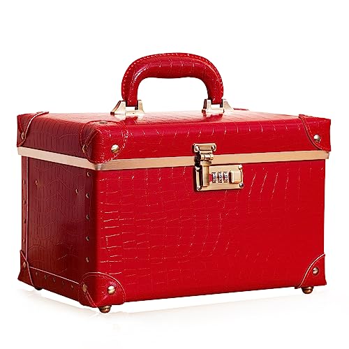 urecity Vintage Makeup Train Case, Red Artificial Leather, Professional Cosmetic Storage Box with Combination Lock, Retro Style Portable Beauty Organizer